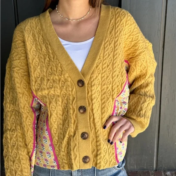 BiBi Mustard Cable Knit Cardigan with Floral Accents - Picture 3 of 3